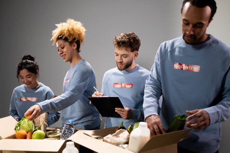 A food bank team checking a clipboard together